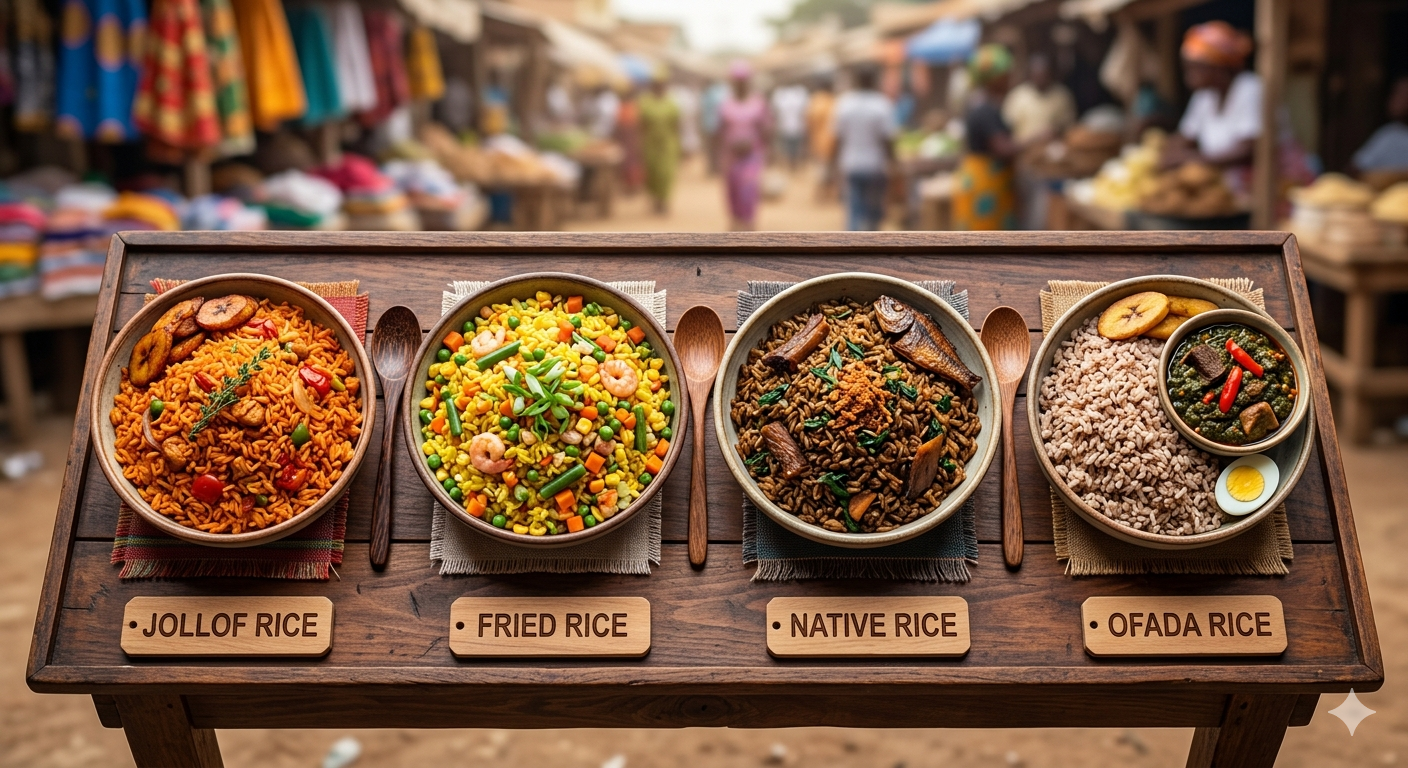 ofada rice, jollof rice, fried rice, brown rice