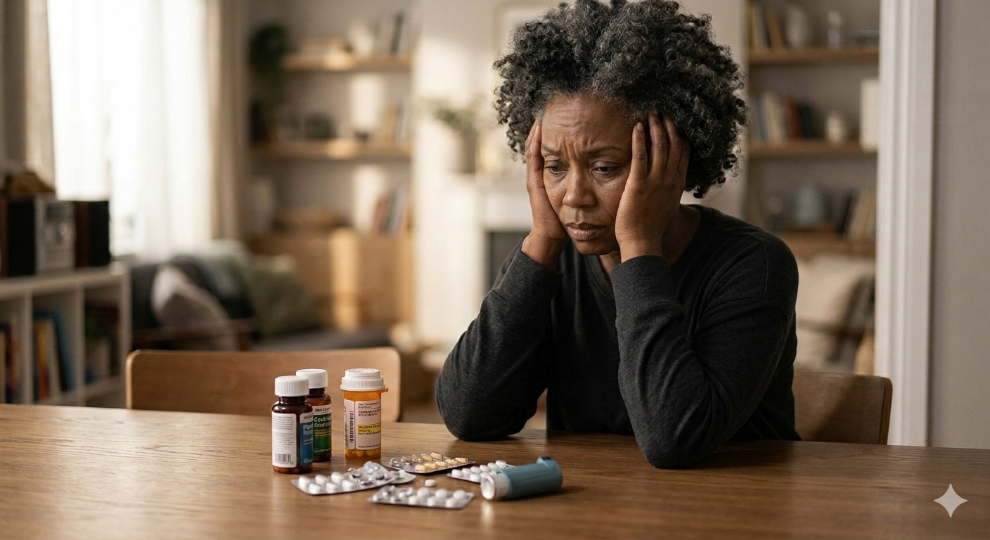 black woman siting stressed with medicine on table